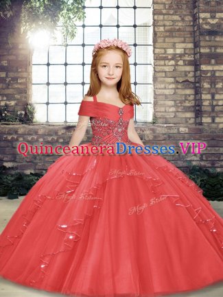 Coral Red Tulle Lace Up Straps Sleeveless Floor Length Pageant Dress Toddler Beading and Ruffles