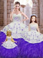 Fabulous White And Purple Organza Lace Up 15th Birthday Dress Sleeveless Floor Length Beading and Appliques and Ruffles