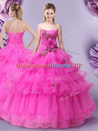 Beautiful Ruffled Hot Pink Sleeveless Tulle Lace Up Quinceanera Dress for Military Ball and Sweet 16 and Quinceanera - Click Image to Close