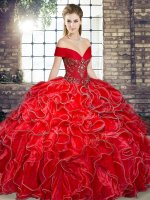 Hot Selling Floor Length Lace Up Vestidos de Quinceanera Red for Military Ball and Sweet 16 and Quinceanera with Beading and Ruffles(SKU SJQDDT2099002-3BIZ)