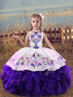 Sleeveless Organza Floor Length Lace Up Little Girls Pageant Gowns in Purple with Embroidery and Ruffles