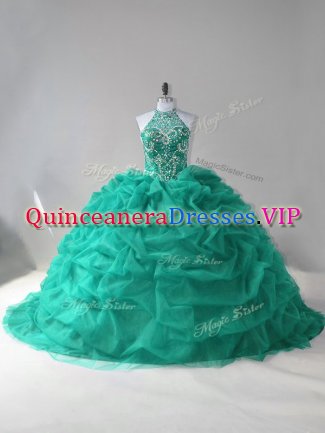 Dazzling Turquoise Sleeveless Tulle Court Train Lace Up Sweet 16 Dress for Sweet 16 and Quinceanera