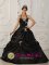 Nelson Lancashire Black Princess Appliques Ruched Bodice Quinceanera Dress With Halter Neckline Taffeta