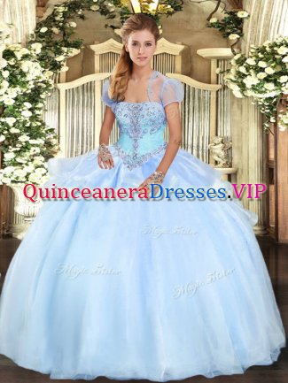 Light Blue Organza Lace Up 15th Birthday Dress Sleeveless Floor Length Appliques