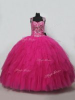 Graceful Hot Pink Tulle Lace Up Quinceanera Gowns Sleeveless Beading and Ruffles