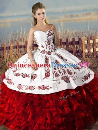 White And Red Sleeveless Organza Lace Up Ball Gown Prom Dress for Sweet 16 and Quinceanera