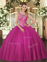 Sophisticated Fuchsia Scoop Lace Up Beading 15 Quinceanera Dress Sleeveless