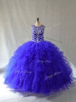 Fine Royal Blue Scoop Lace Up Beading and Ruffles 15th Birthday Dress Sleeveless