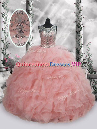 Luxurious Scoop Sleeveless Ball Gown Prom Dress Floor Length Beading and Ruffles Baby Pink Organza - Click Image to Close