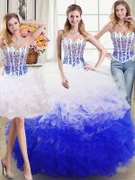 Designer Three Piece White and Blue Sweetheart Lace Up Beading and Ruffles Ball Gown Prom Dress Sleeveless