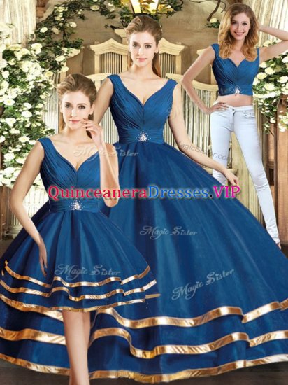 Sleeveless Tulle Floor Length Backless Sweet 16 Dress in Navy Blue with Beading and Ruffled Layers - Click Image to Close