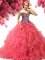 Custom Made Coral Red Ball Gowns Organza Sweetheart Sleeveless Beading and Ruffles With Train Lace Up Sweet 16 Dress Brush Train