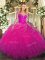 Elegant Fuchsia Organza Lace Up Quince Ball Gowns Long Sleeves Floor Length Lace and Ruffles