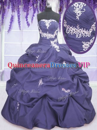 Lavender Lace Up Strapless Appliques and Pick Ups Ball Gown Prom Dress Taffeta Sleeveless