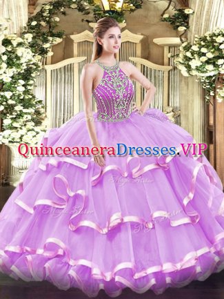 Sleeveless Lace Up Floor Length Beading and Ruffled Layers Sweet 16 Dress