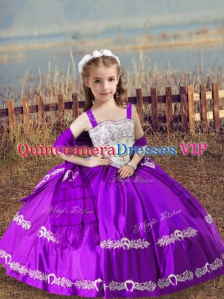 Floor Length Purple Pageant Gowns Satin Sleeveless Beading and Embroidery