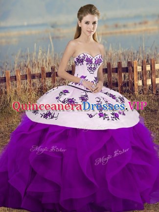 White And Purple Sweetheart Lace Up Embroidery and Ruffles and Bowknot Sweet 16 Quinceanera Dress Sleeveless