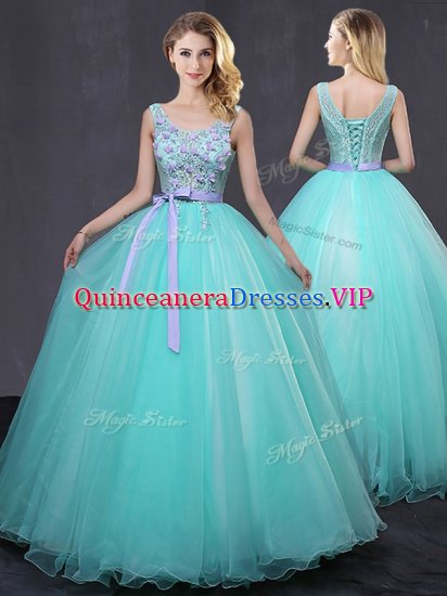 Gorgeous Scoop Floor Length Lace Up Quinceanera Dresses Aqua Blue for Military Ball and Sweet 16 and Quinceanera with Appliques and Belt - Click Image to Close