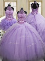 High End Three Piece Halter Top Lavender Sleeveless Sequins Lace Up Quince Ball Gowns