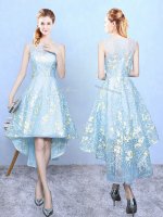 Noble Aqua Blue Sleeveless High Low Embroidery Zipper Vestidos de Damas