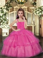 Super Hot Pink Ball Gowns Ruffled Layers Little Girls Pageant Gowns Lace Up Tulle Sleeveless Floor Length(SKU PAG1140-1BIZ)