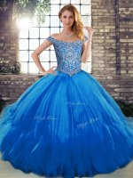 Top Selling Floor Length Ball Gowns Sleeveless Blue Sweet 16 Dress Lace Up