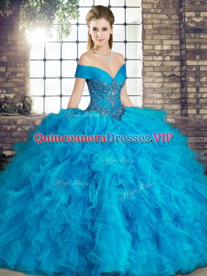 Stunning Blue Ball Gowns Off The Shoulder Sleeveless Tulle Floor Length Lace Up Beading and Ruffles 15th Birthday Dress - Click Image to Close