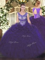 Wonderful Purple Lace Up Scoop Beading and Ruffles Vestidos de Quinceanera Organza Sleeveless