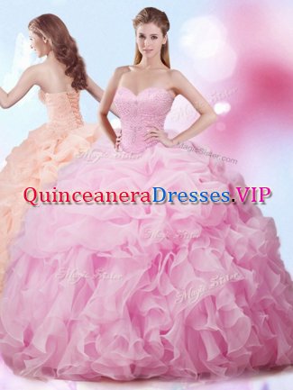 Pick Ups Sweetheart Sleeveless Brush Train Lace Up 15 Quinceanera Dress Rose Pink Organza