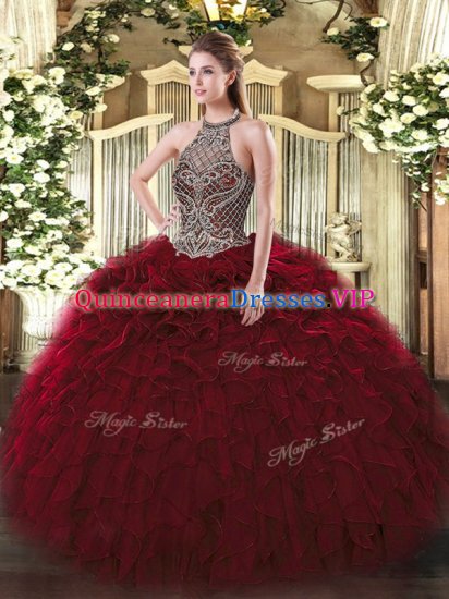 Fine Wine Red Organza Lace Up Quinceanera Dresses Sleeveless Floor Length Beading and Ruffles - Click Image to Close