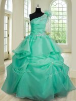 Low Price One Shoulder Sleeveless Floor Length Beading and Hand Made Flower Lace Up Quinceanera Dresses with Turquoise(SKU PSSW0262BIZ)