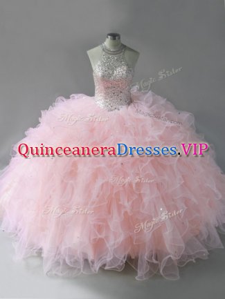 High End Sleeveless Tulle Floor Length Lace Up Ball Gown Prom Dress in Pink with Beading and Ruffles