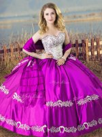 Glittering Purple Satin Lace Up 15th Birthday Dress Sleeveless Floor Length Embroidery