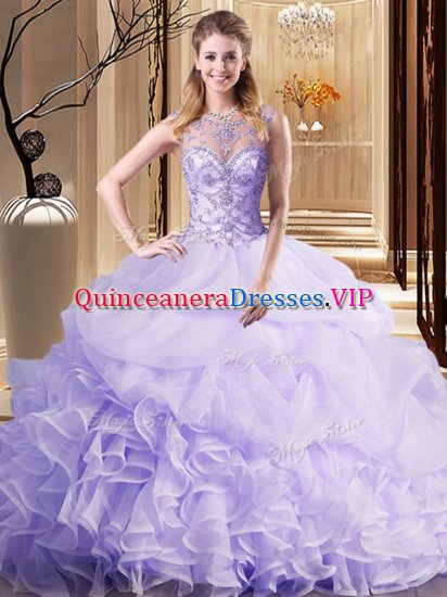 Scoop Sleeveless Organza Brush Train Lace Up Party Dresses in Lavender with Beading and Ruffles and Pick Ups - Click Image to Close