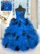 Affordable Blue Ball Gowns Beading and Ruffles Vestidos de Quinceanera Lace Up Tulle Sleeveless Floor Length