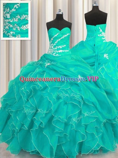 High Quality Floor Length Lace Up Sweet 16 Dresses Turquoise for Military Ball and Sweet 16 and Quinceanera with Beading and Appliques and Ruffles - Click Image to Close