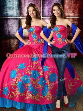 Wonderful Hot Pink Strapless Neckline Embroidery Quinceanera Gowns Sleeveless Lace Up