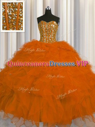 New Style Visible Boning Sleeveless Lace Up Floor Length Beading and Ruffles and Sequins Vestidos de Quinceanera