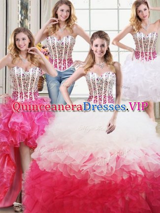 Four Piece White and Red Sleeveless Organza Lace Up Sweet 16 Quinceanera Dress for Military Ball and Sweet 16 and Quinceanera