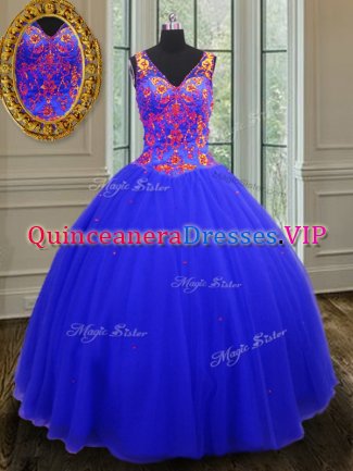 Elegant Sequins Floor Length Royal Blue Quince Ball Gowns V-neck Sleeveless Zipper