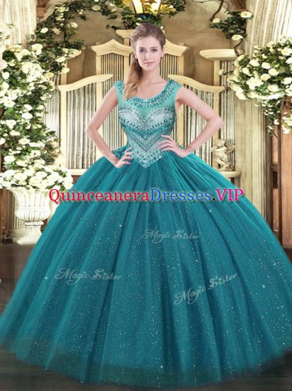 Customized Floor Length Lace Up Quinceanera Dress Teal for Sweet 16 and Quinceanera with Beading - Click Image to Close