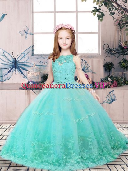 Sleeveless Backless Floor Length Lace and Appliques Little Girls Pageant Dress - Click Image to Close