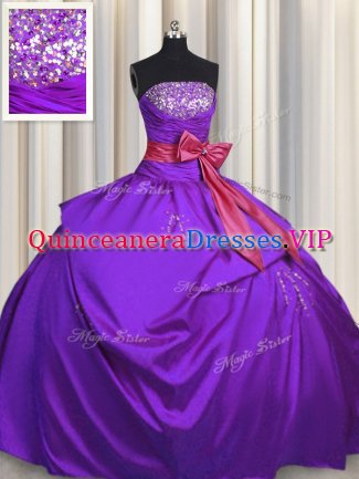 Latest Purple Ball Gowns Taffeta Strapless Sleeveless Beading and Bowknot Floor Length Lace Up Sweet 16 Dress