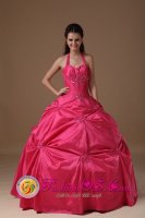 Hot Pink Halter Quinceanera Dress Beading and Pick-ups For Exclusive Sweetheart in Alamogordo NM