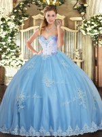 Aqua Blue Tulle Lace Up Sweet 16 Dress Sleeveless Floor Length Beading and Appliques