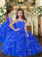 Latest Royal Blue Lace Up Girls Pageant Dresses Ruffles Sleeveless Floor Length