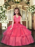 Sleeveless Organza Floor Length Lace Up Winning Pageant Gowns in Coral Red with Ruffled Layers