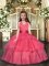 Sleeveless Organza Floor Length Lace Up Winning Pageant Gowns in Coral Red with Ruffled Layers