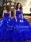 Customized Strapless Sleeveless Quinceanera Gown Floor Length Embroidery and Ruffled Layers Royal Blue Taffeta