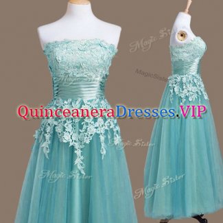 Tea Length Light Blue Vestidos de Damas Strapless Sleeveless Lace Up